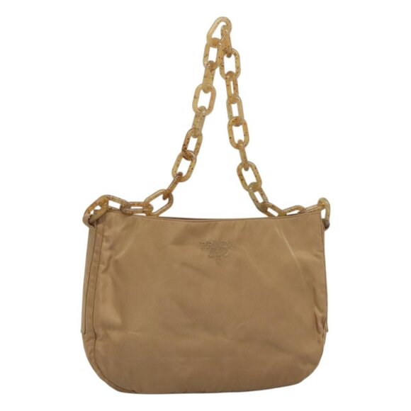 PRADA Chain Shoulder Bag Nylon Beige Auth th6074 - Picture 1 of 16